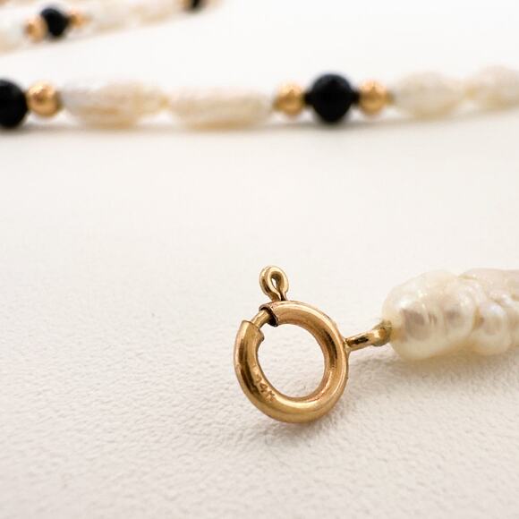 14k Yellow Gold Estate Freshwater Pearl and Black Onyx Necklace Vintage Estate - Picture 12 of 13